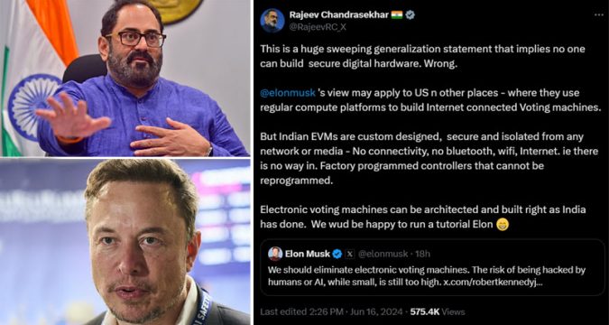 മികച്ച വോട്ടിംഗ് യന്ത്രങ്ങളെ അറിയാൻ ഇന്ത്യയിലേക്ക് വരൂ..: മസ്കിന് മറുപടിയുമായി രാജീവ് ചന്ദ്രശേഖർ.